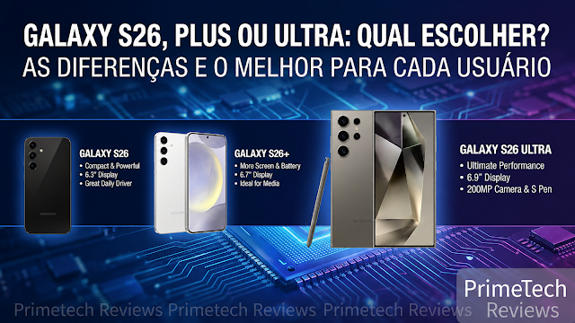 Comparativo de tamanho e design da linha Galaxy S26 em 2026