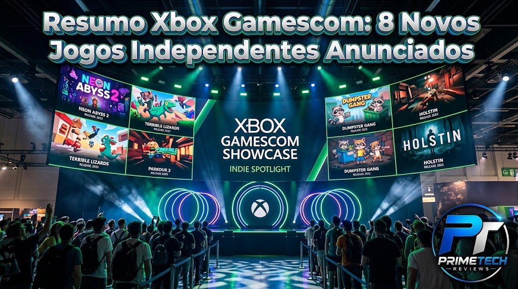 Capa do artigo resumo xbox gamescom com a logo PrimeTech Reviews e telas dos jogos